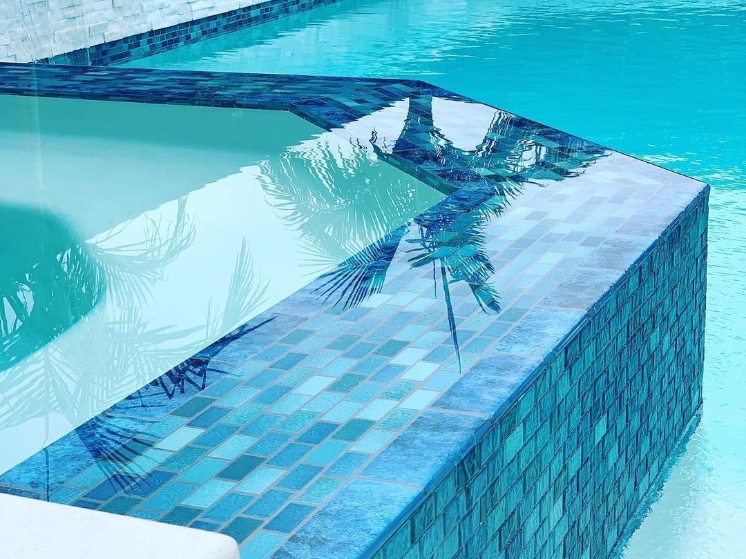 A swimming pool with blue tiles and a reflection of a dragonfly in the water.