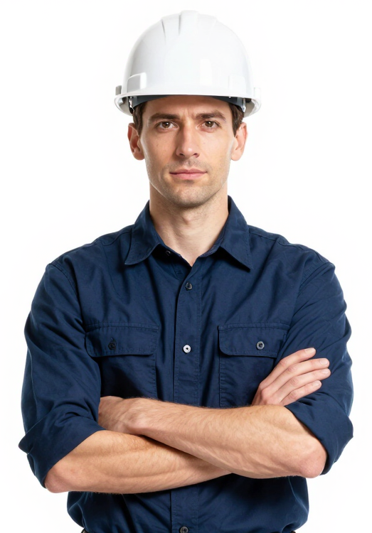 Uomo con elmetto bianco e camicia da lavoro blu scuro in piedi con le braccia incrociate su sfondo bianco