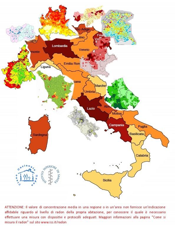 mappa dell'Italia con aree e regioni di differente colore in base alla concentrazione del Radon