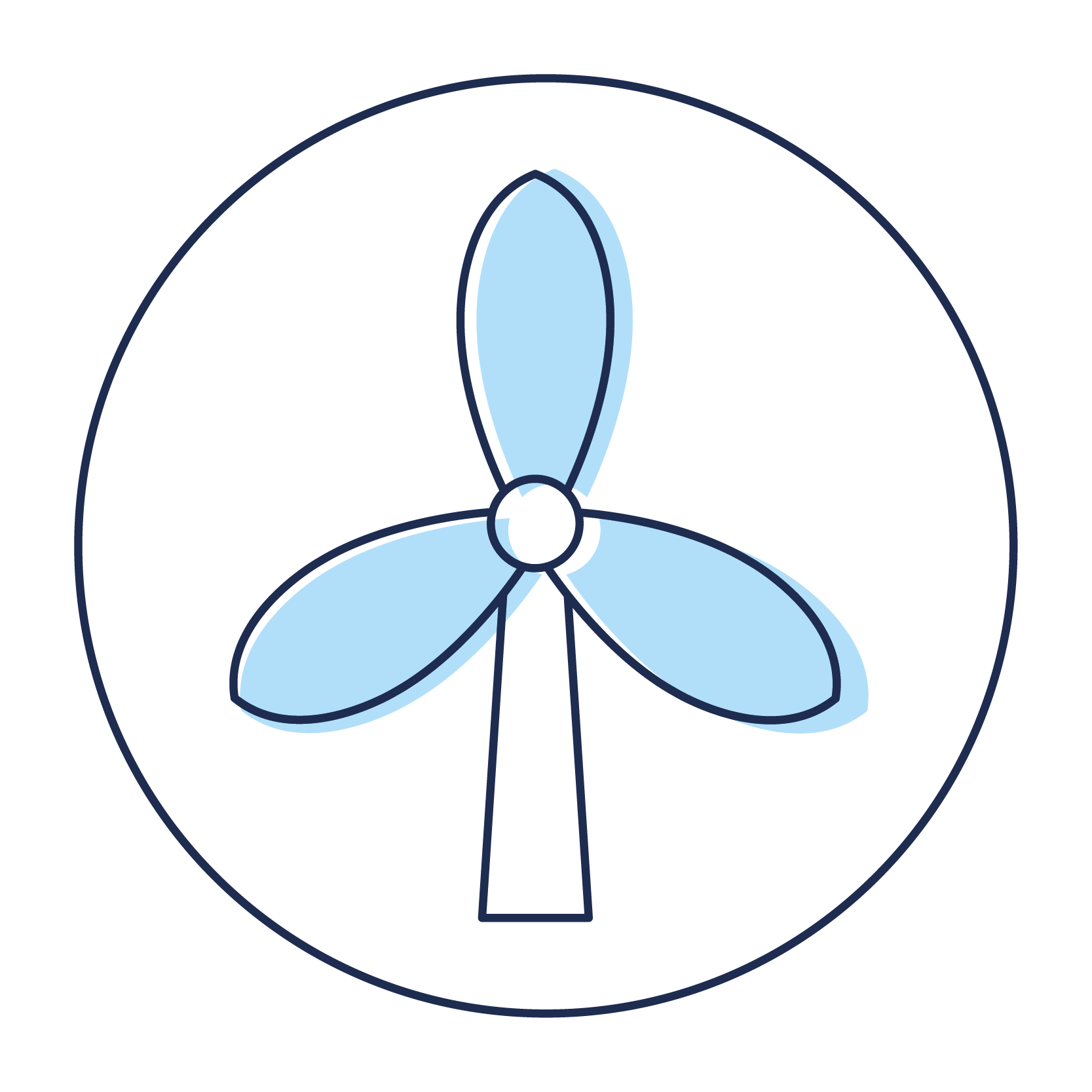 Icona di una turbina eolica blu a tre pale all'interno di un cerchio sottile su sfondo bianco.