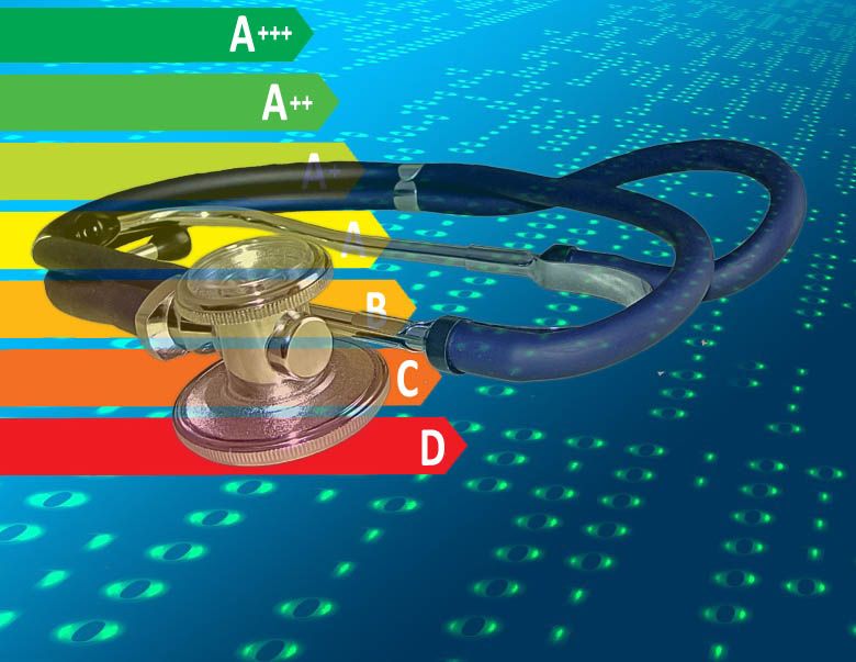 immagine raffigurante i diversi livelli di efficienza energetica e uno stetoscopio