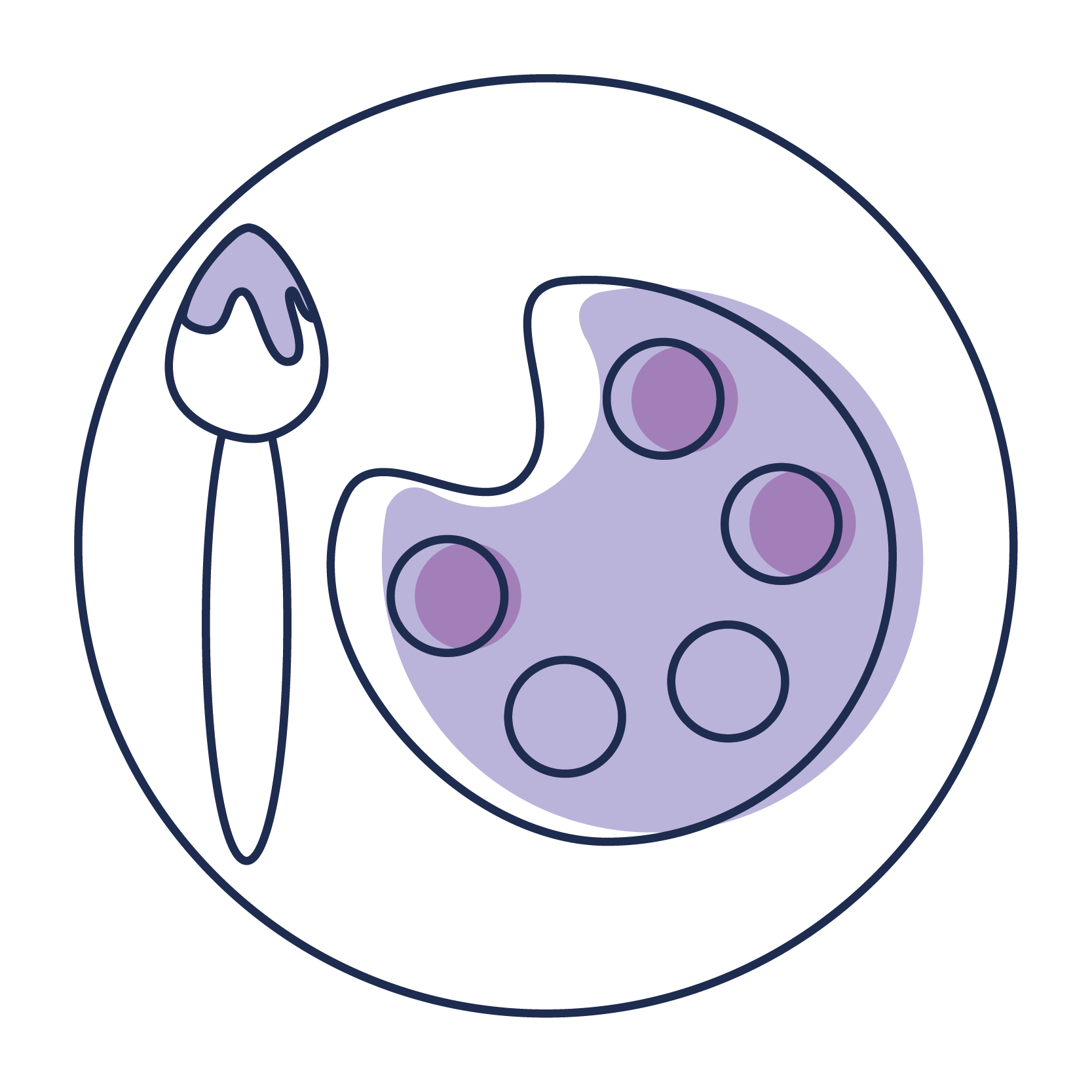 Tavolozza e pennello dell'artista in delicate tonalità di viola su sfondo bianco.