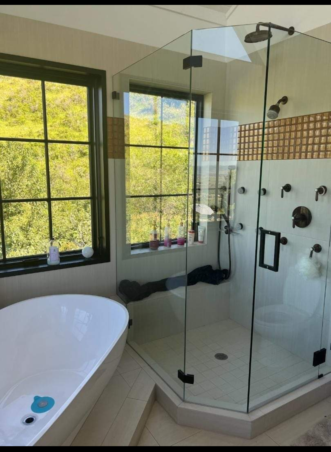 A bathroom with a bathtub and a walk in shower