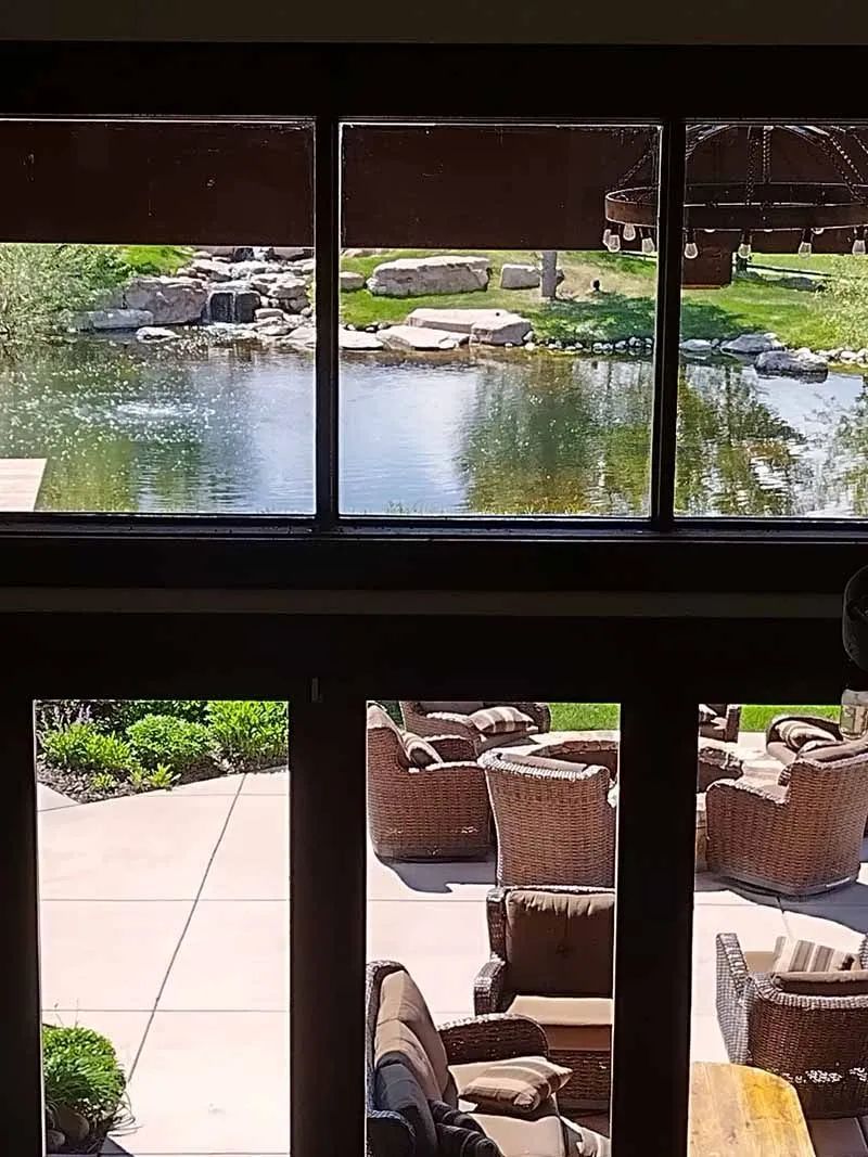 A view of a pond from a balcony through a window.