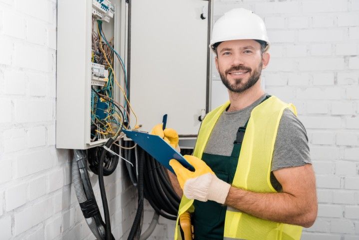 A smiling worker in a high-visibility vest and hard hat writes on a clipboard while inspecting an open electrical panel.