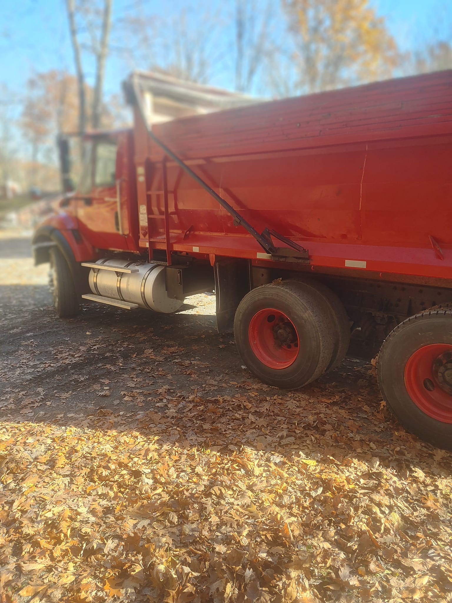 Un camion-benne rouge est stationné sur un sol recouvert de feuilles.