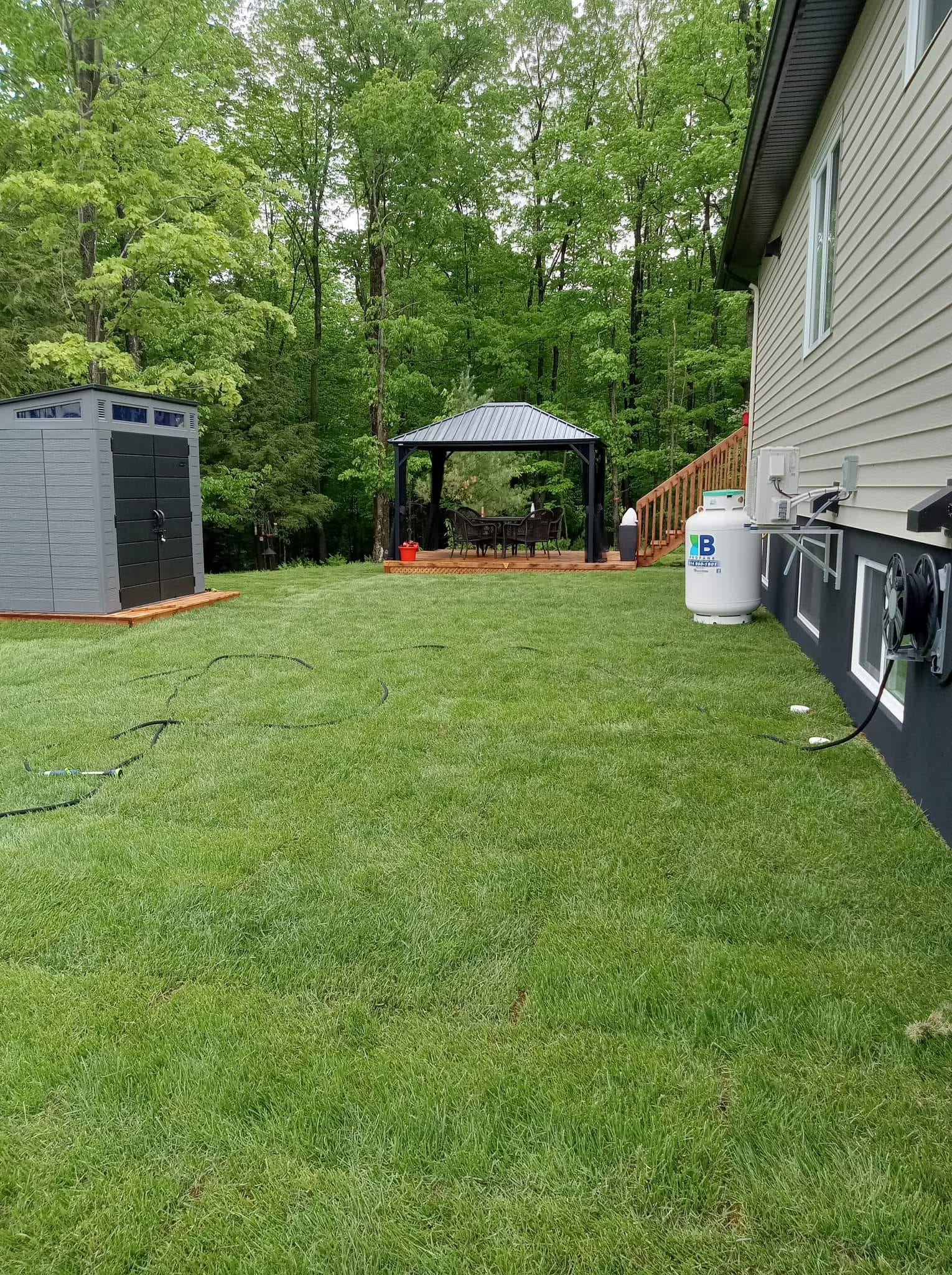 Cour arrière avec remise, gazebo, réservoir de propane et pelouse verte.