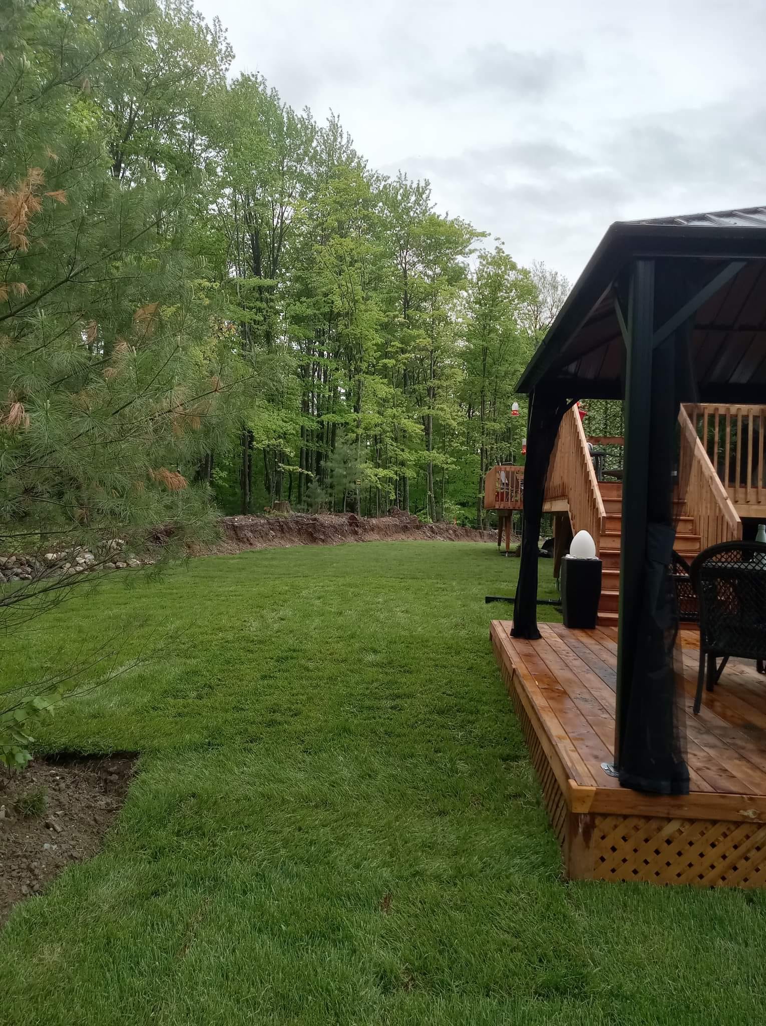 Pelouse avec kiosque, terrasse et arbres. Ciel couvert.