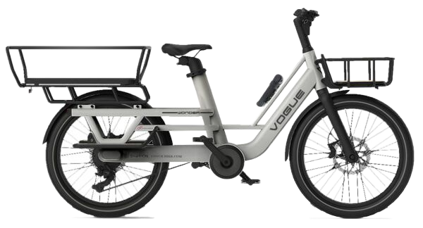 Gouden elektrische fiets met zwarte banden en accessoires.