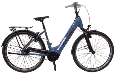 Blauwe Cortina elektrische fiets met spatborden, bagagedrager en schijfremmen.