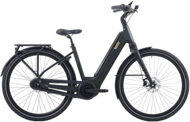 Lichtgrijze elektrische fiets met zwarte spatborden en bagagedrager.