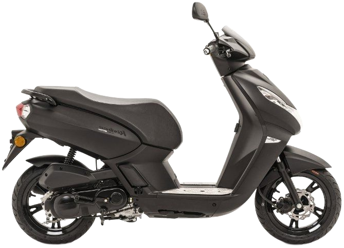 Witte en zwarte elektrische scooter, zijaanzicht.