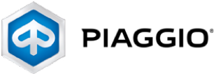 Piaggio-logo: blauw embleem met een gestileerde schoppen in een zeshoek, gevolgd door 