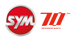 SYM-logo in een rode cirkel, naast de gestileerde rode tekst 