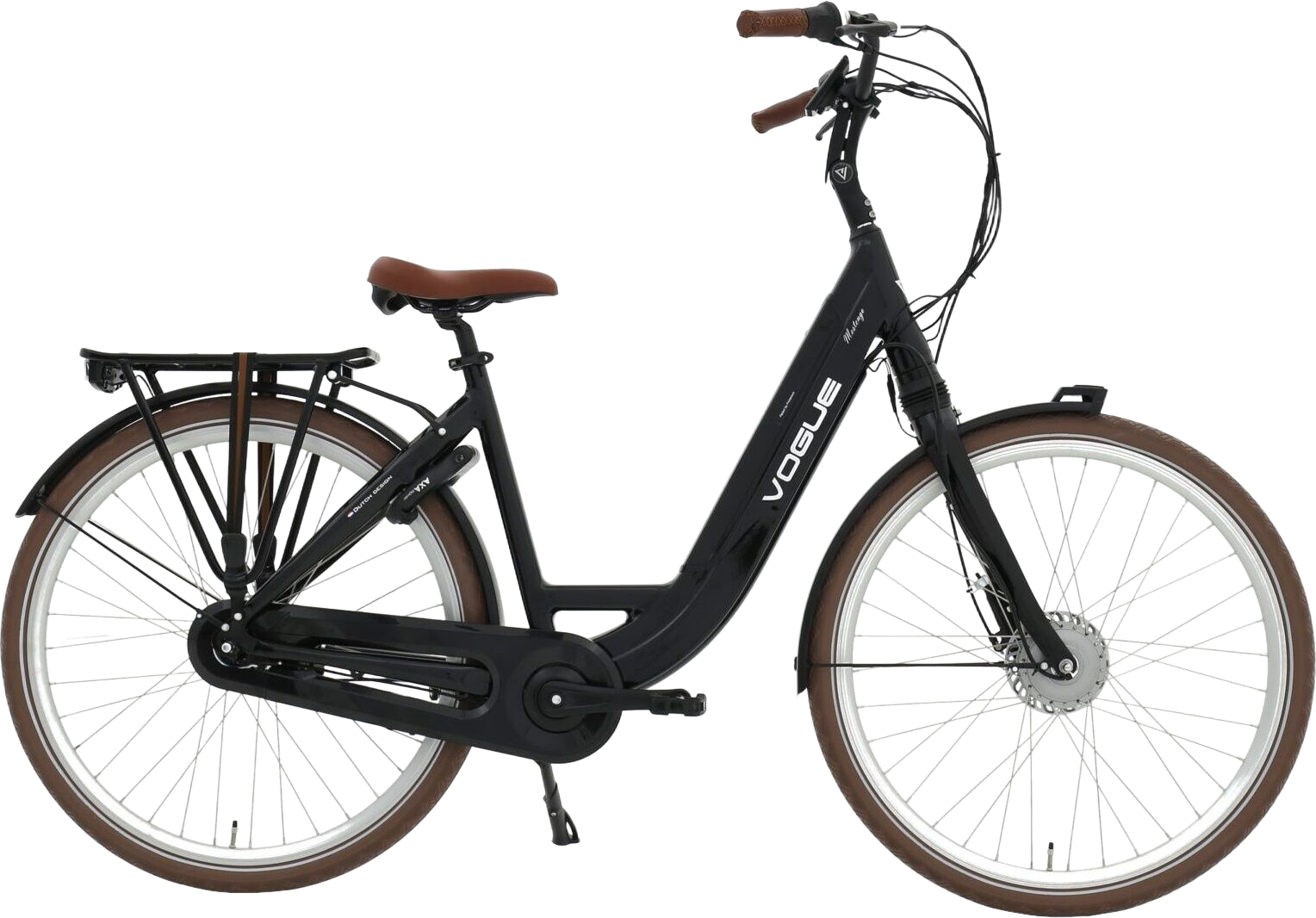 Lichtgrijze elektrische fiets met zwarte spatborden en bagagedrager.