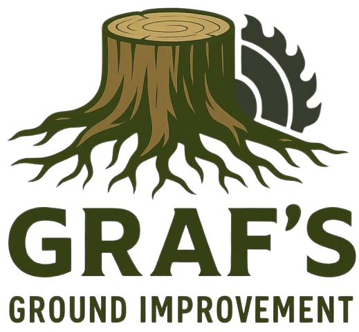 GRAF'S Ground Improvement logo with a tree stump and roots in green and brown