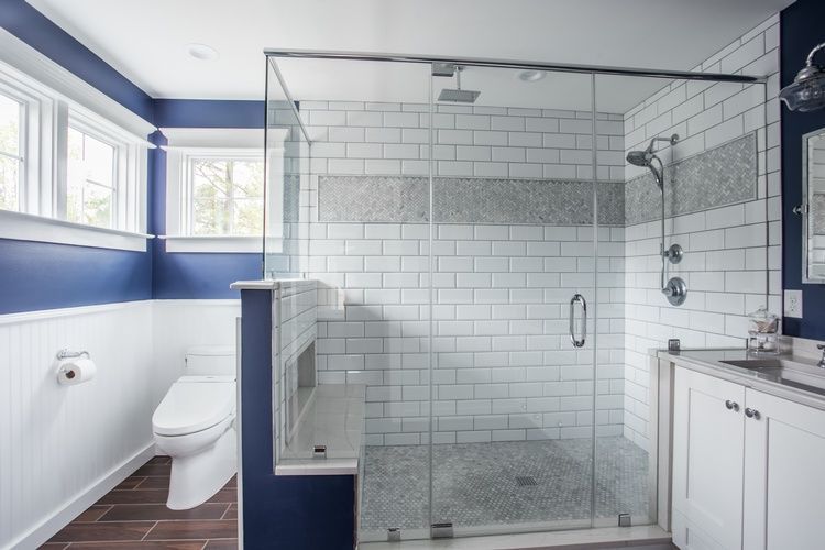 A bathroom with a toilet and a walk in shower.