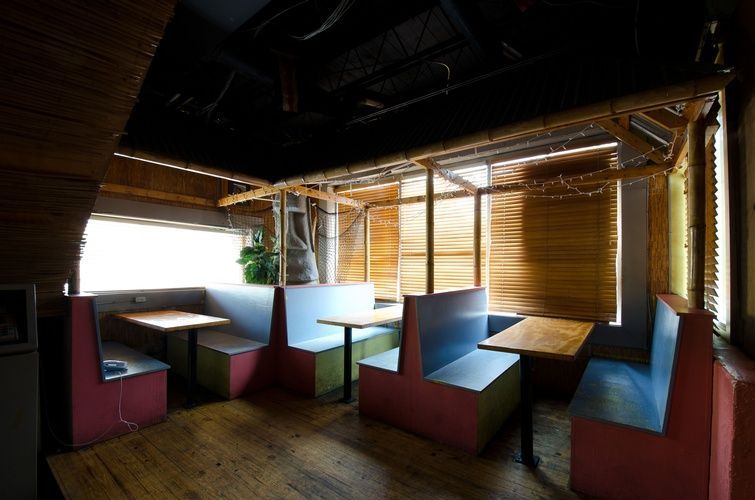 A diner with tables and benches in it