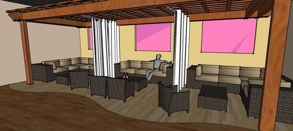 A man is sitting under a pergola in a room with a lot of furniture.