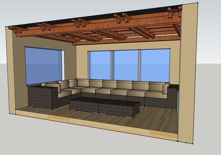 A 3d model of a living room with a large sectional couch