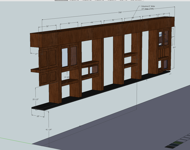 A 3d model of a wooden wall with shelves and windows