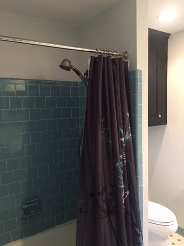 A bathroom with a shower curtain and a toilet