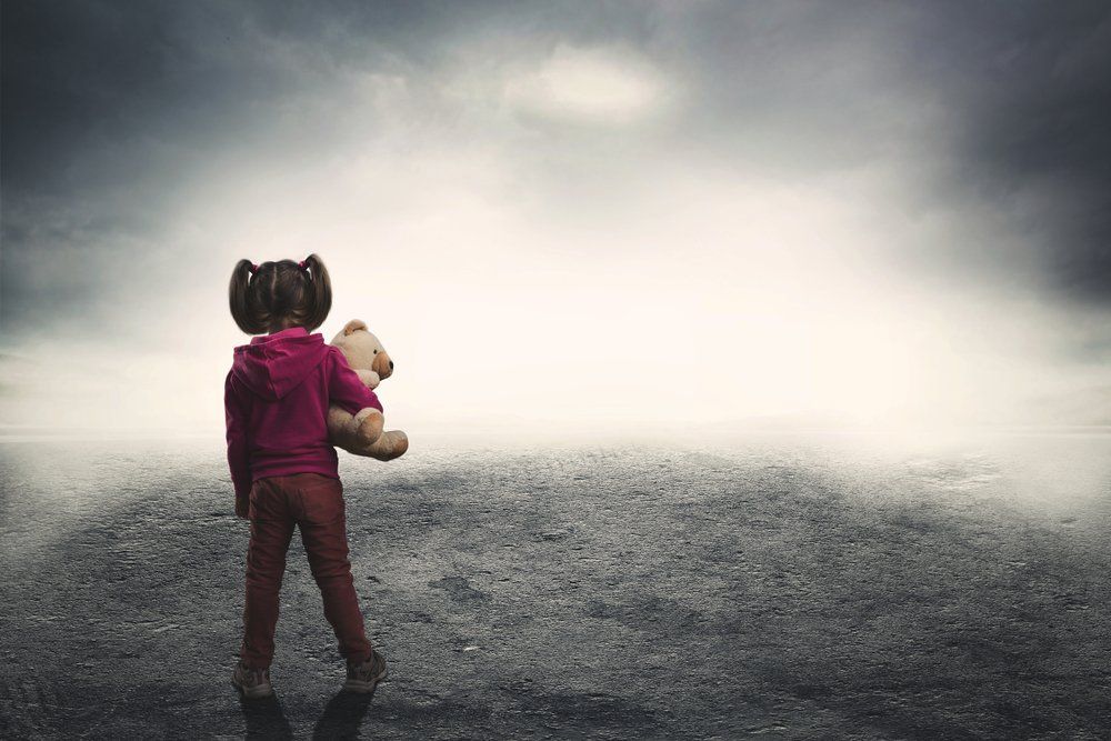 A small girl holds a teddy bear while staring into the mist.