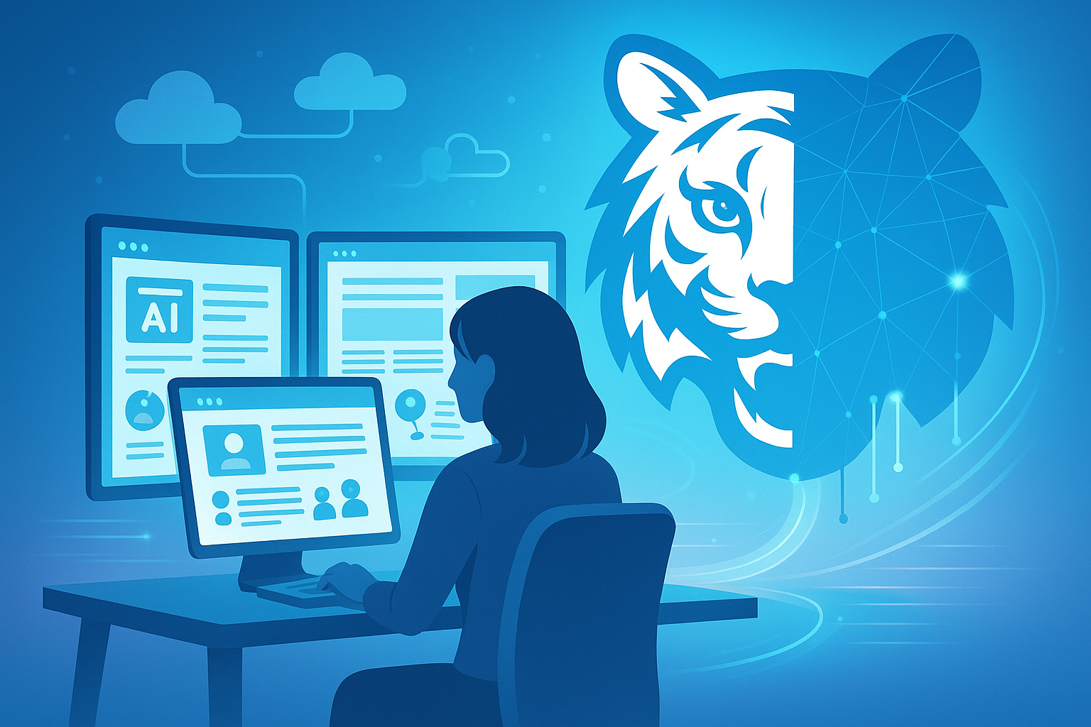 A woman is sitting in front of a computer with the FTB Digital logo in the background.