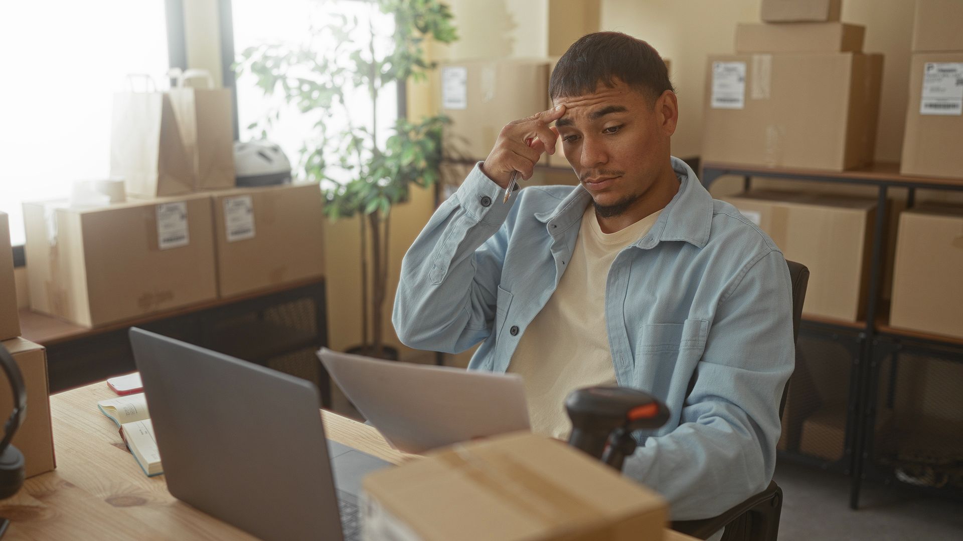 A person sits at a desk with a laptop and boxes, looking at a document and touching their forehead in thought.