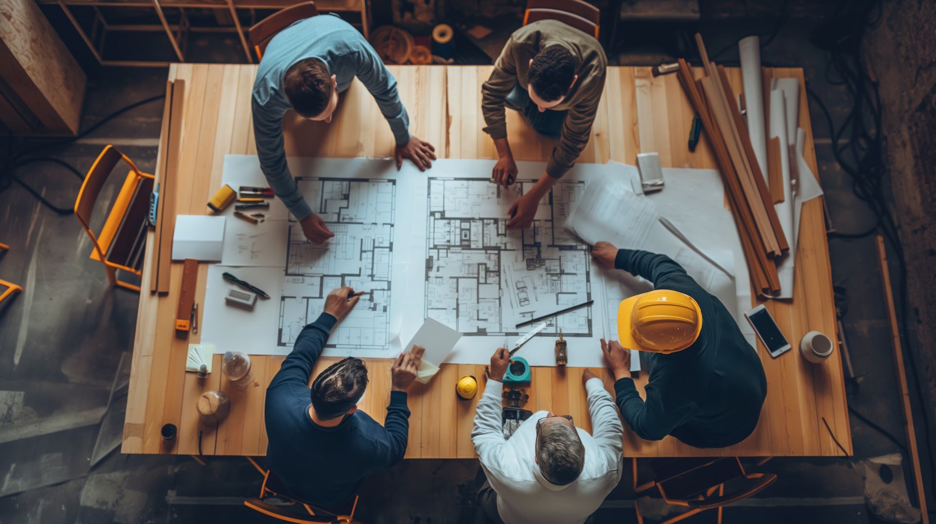 Team collaborating around architectural blueprints on a wooden table, viewed from above