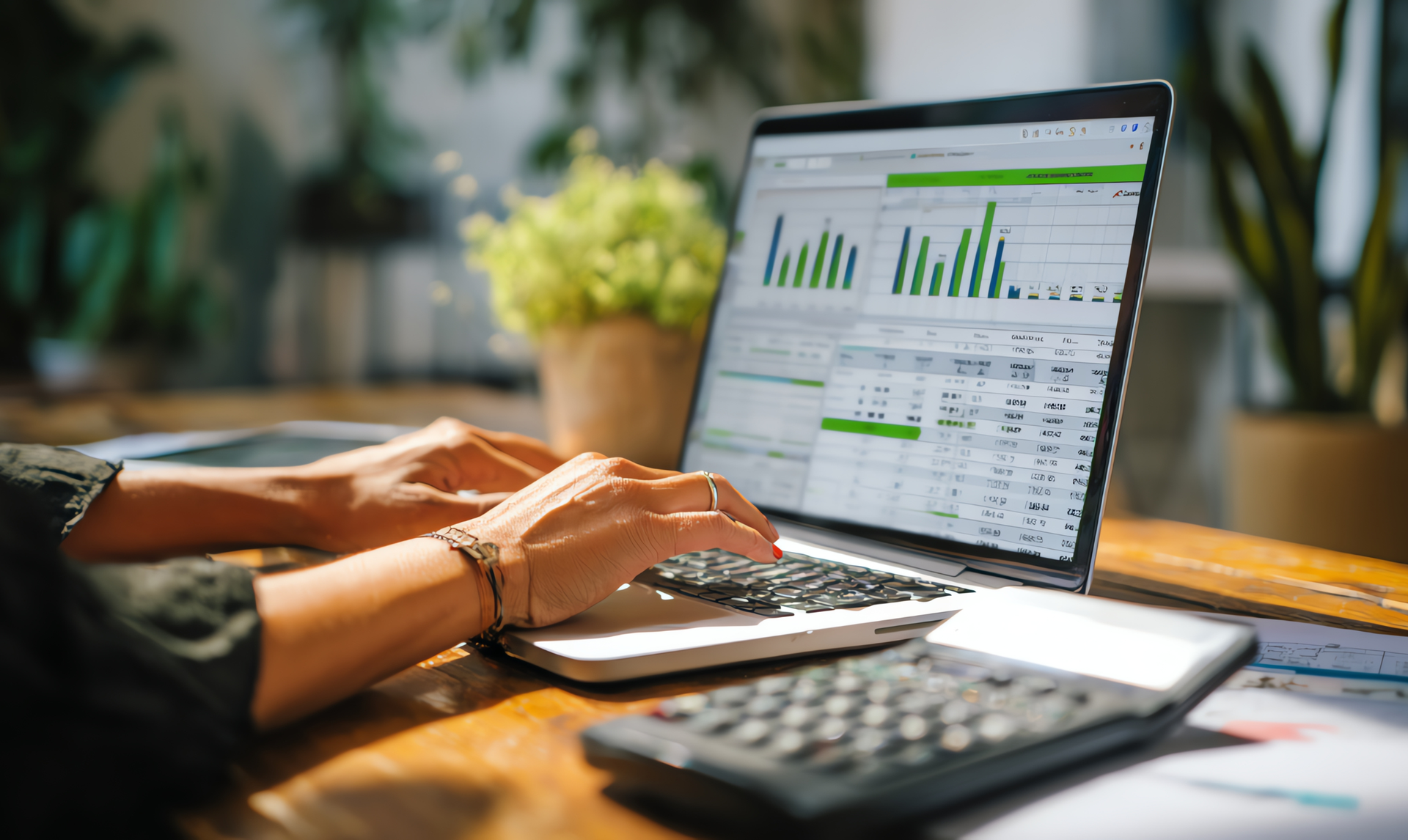 Person typing on laptop, viewing financial charts and spreadsheets, with calculator.