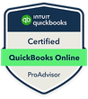 Intuit QuickBooks Online ProAdvisor badge, white and green, with Certified QuickBooks Online text.