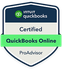 Intuit QuickBooks Online ProAdvisor badge, white and green, with Certified QuickBooks Online text.