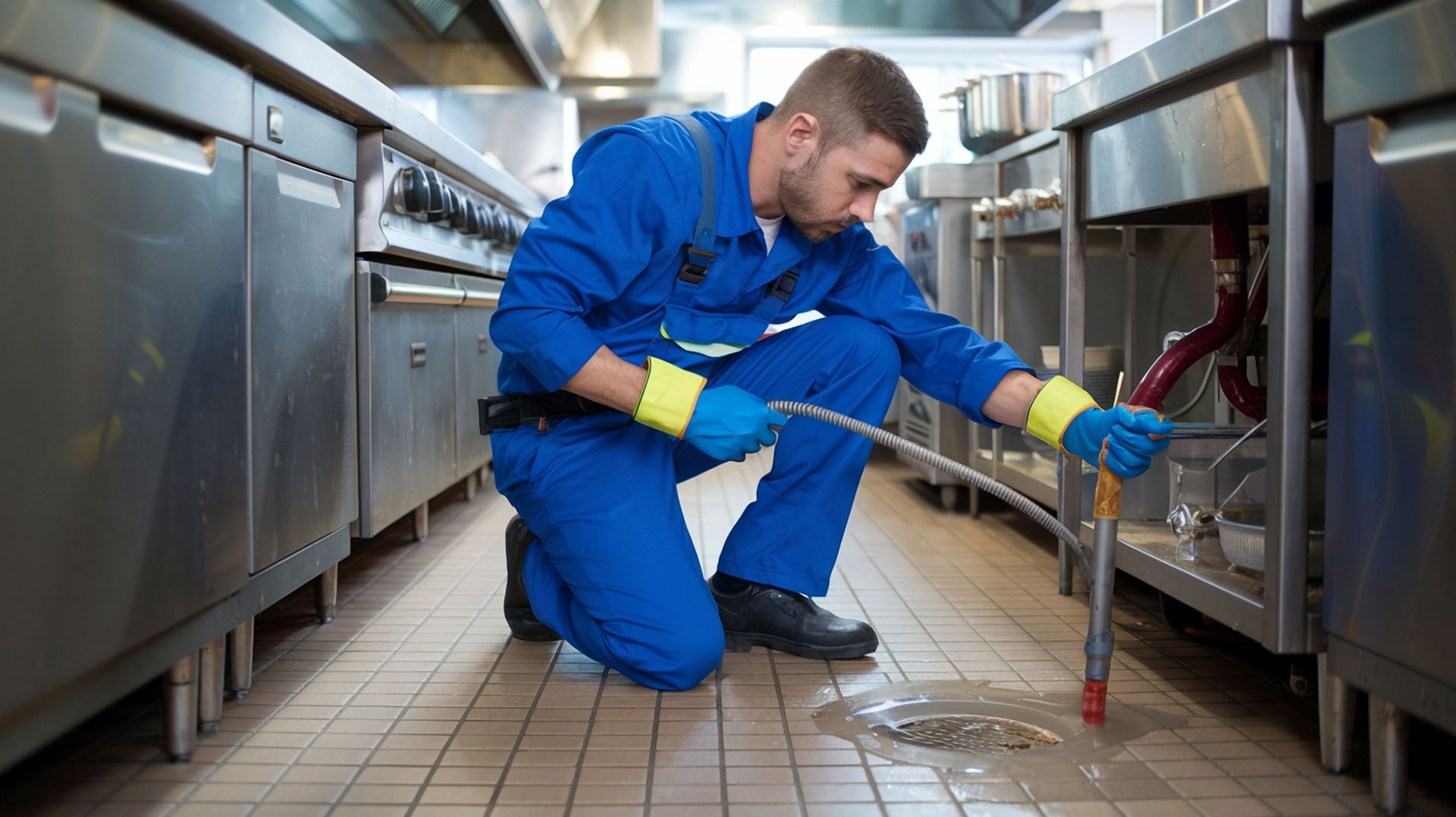 Plumber unclogging drain in busy restaurant kitchen.
