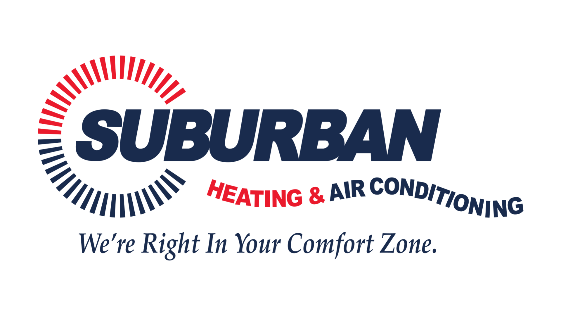 Suburban Heating & Air Conditioning logo with red sunburst and slogan We’re Right in Your Comfort Zone. Suburban Heating & Air Conditioning logo with red sunburst and slogan We’re Right in Your Comfort Zone.