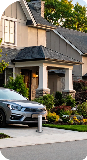 A car is parked in front of a house.