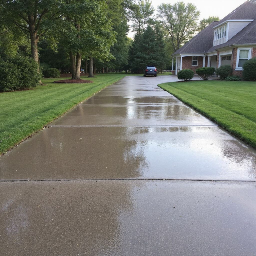 A wet, gray concrete driveway reflecting the sky, flanked by green grass and a house. A car is parked at the end.