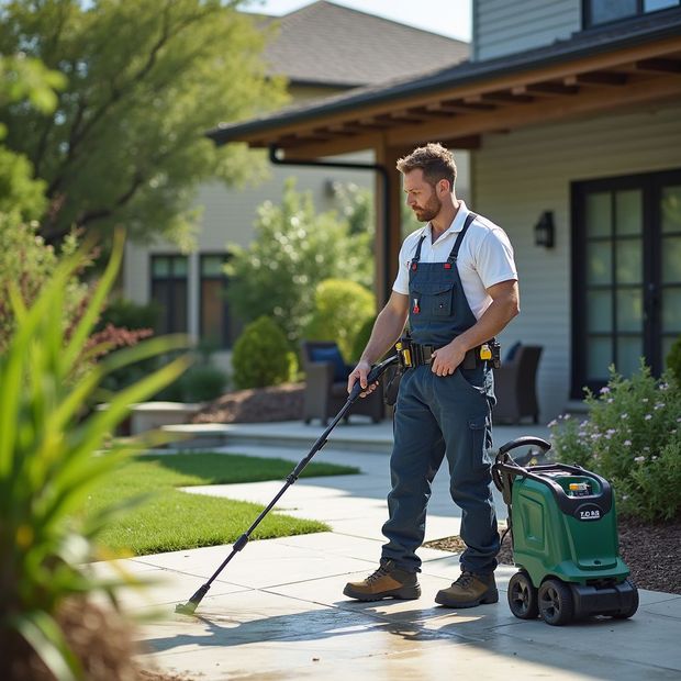 Man washing a concrete patio with a pressure washer outside a house.
