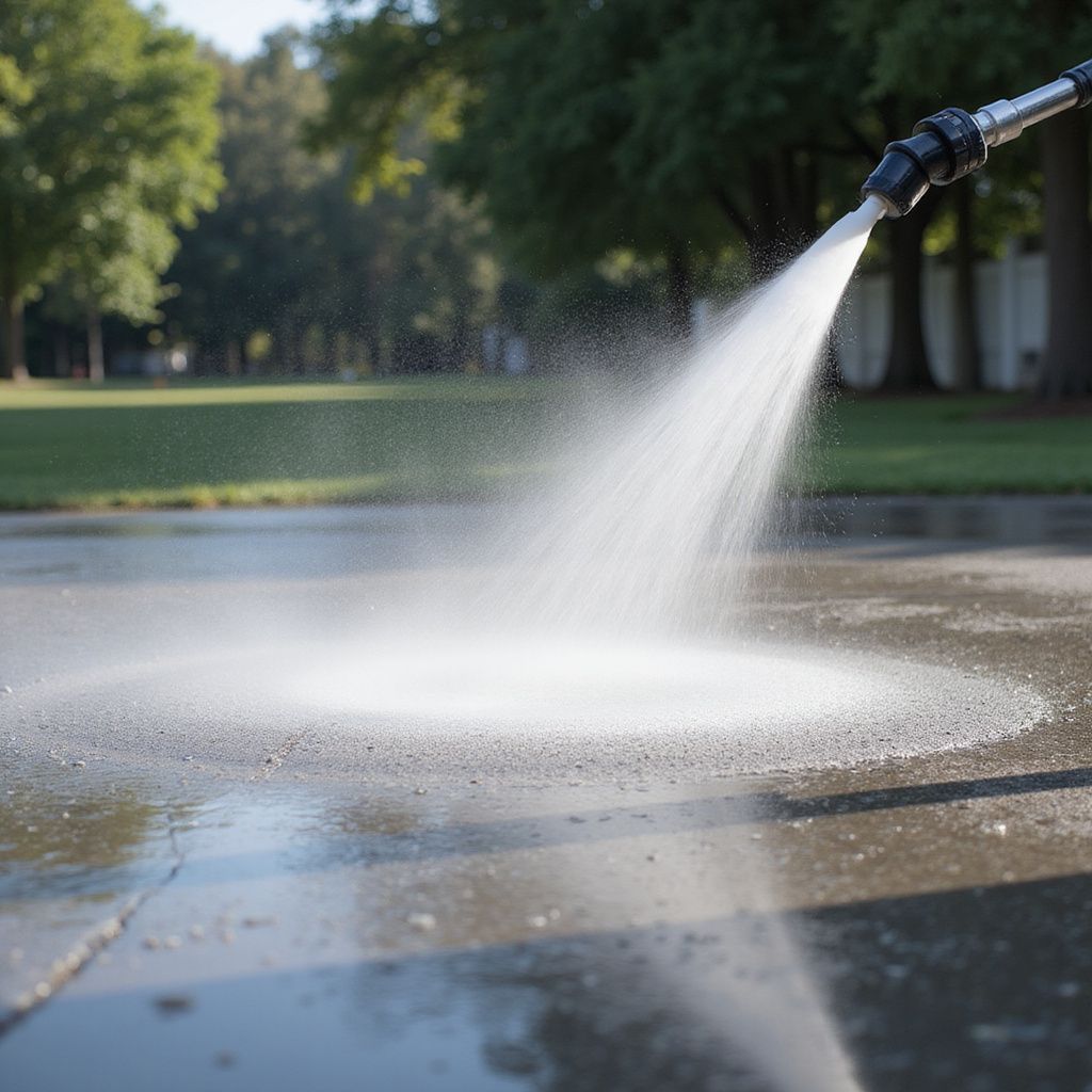 Pressure washer spraying concrete, creating a wet, cleaned area.