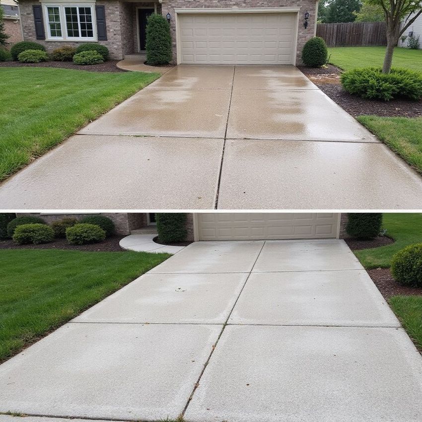 Before and after of a concrete driveway being cleaned, showing the difference in color and cleanliness.