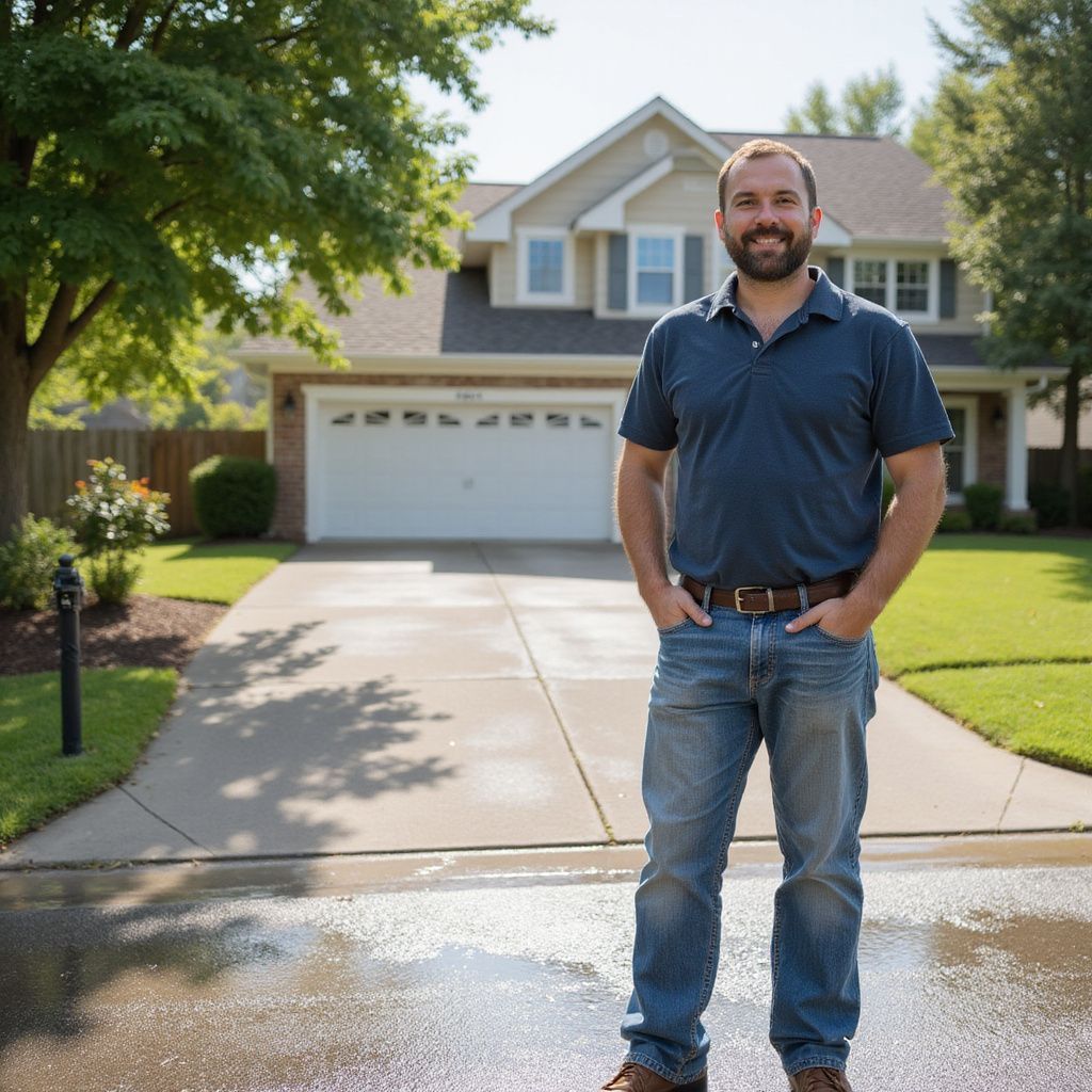 Man in jeans and blue shirt stands in front of a house, hands in pockets, sunny day.