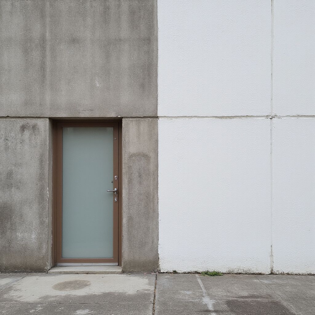 Doorway in a concrete building, half gray and half white. A brown door has frosted glass.