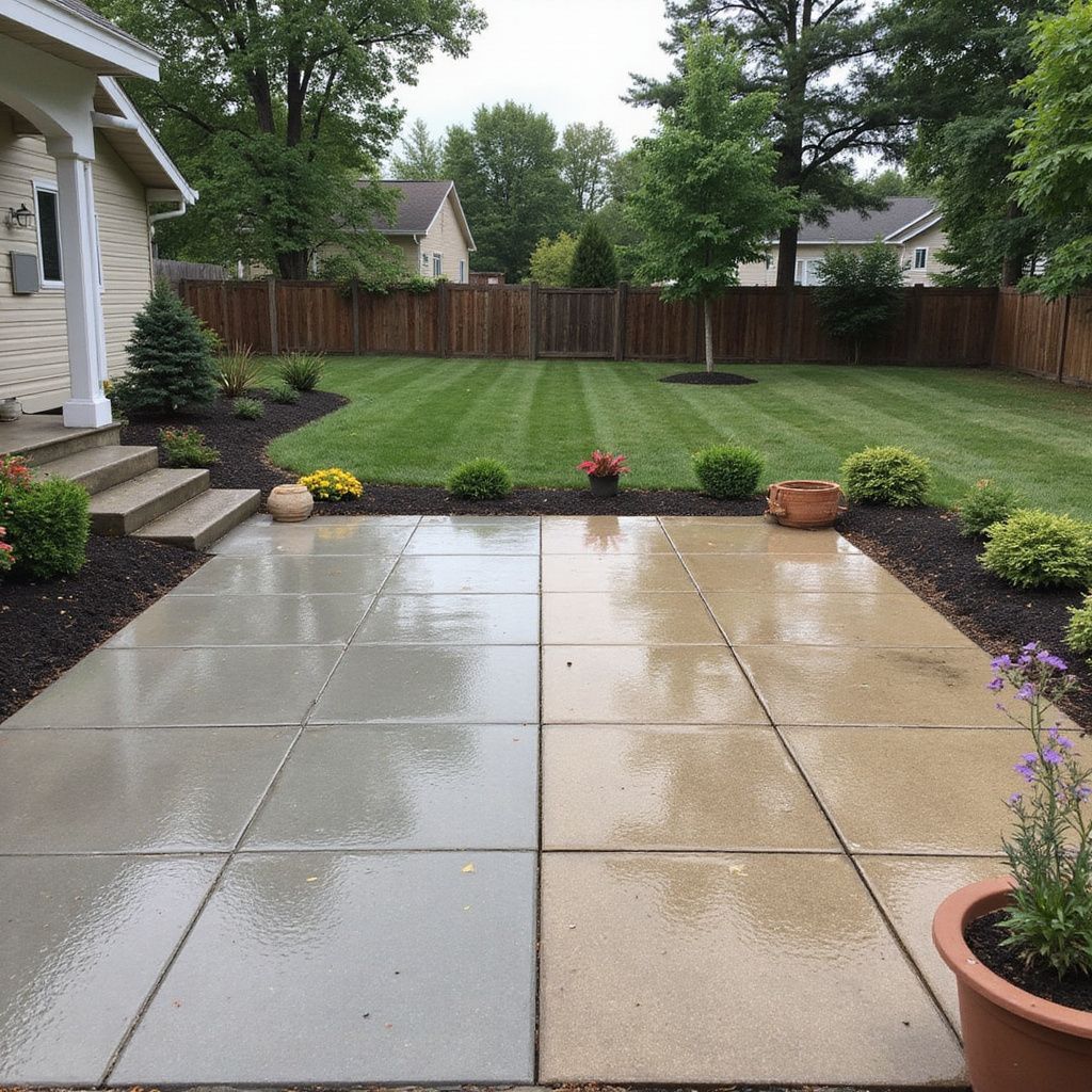 Backyard patio with a lush green lawn and wooden fence.