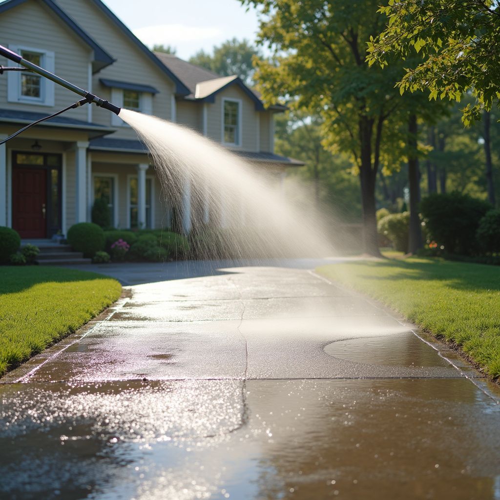 Pressure washing a driveway in front of a house. Water sprays across concrete, creating a mist.