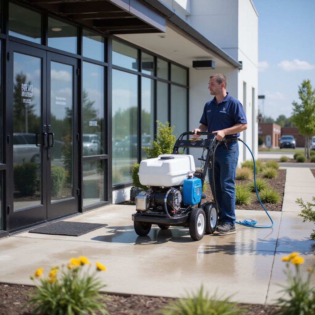 Man pressure washing a concrete sidewalk in front of a building.