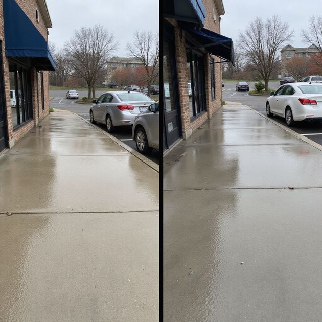 A wet sidewalk next to a building with a blue awning. Cars parked in the background. Overcast day.