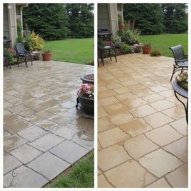 Comparison of a wet patio before and after cleaning. The