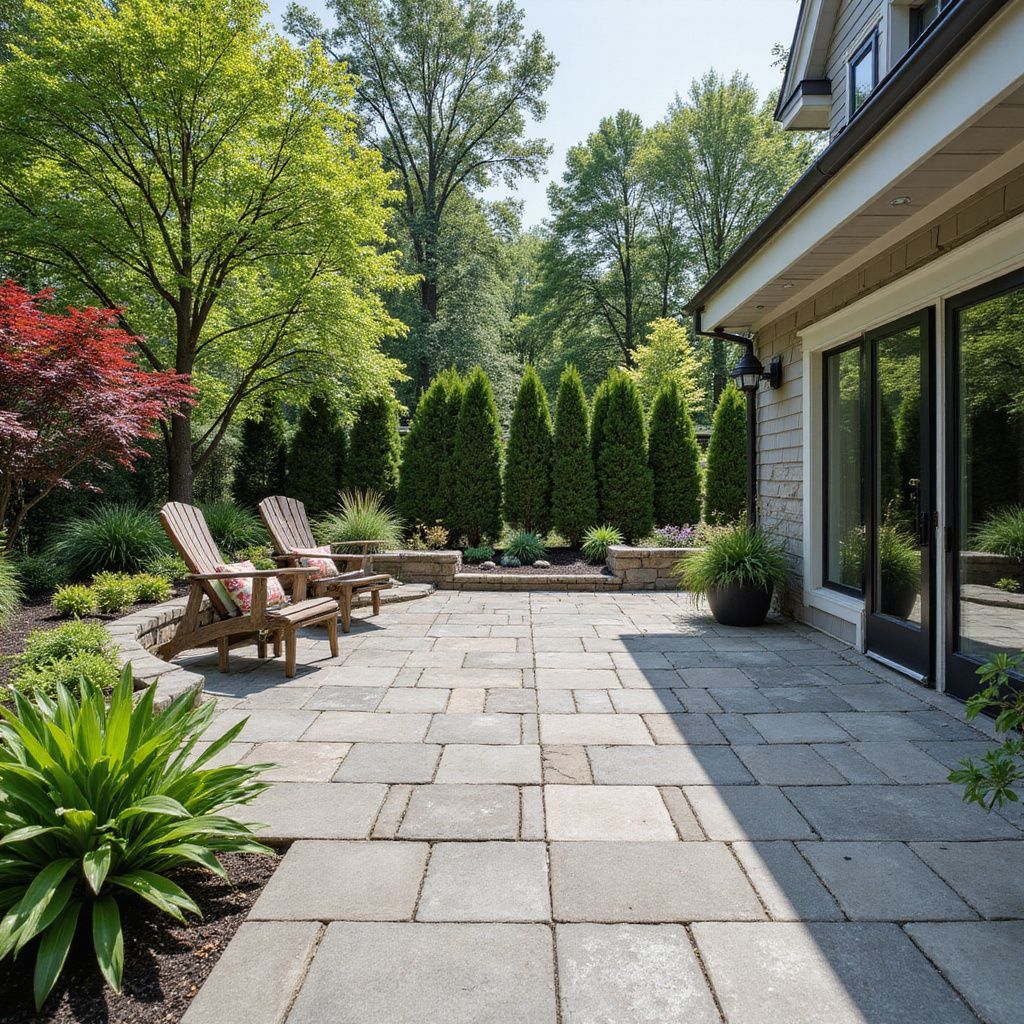 Stone patio with Adirondack chairs, evergreen trees, and lush landscaping.