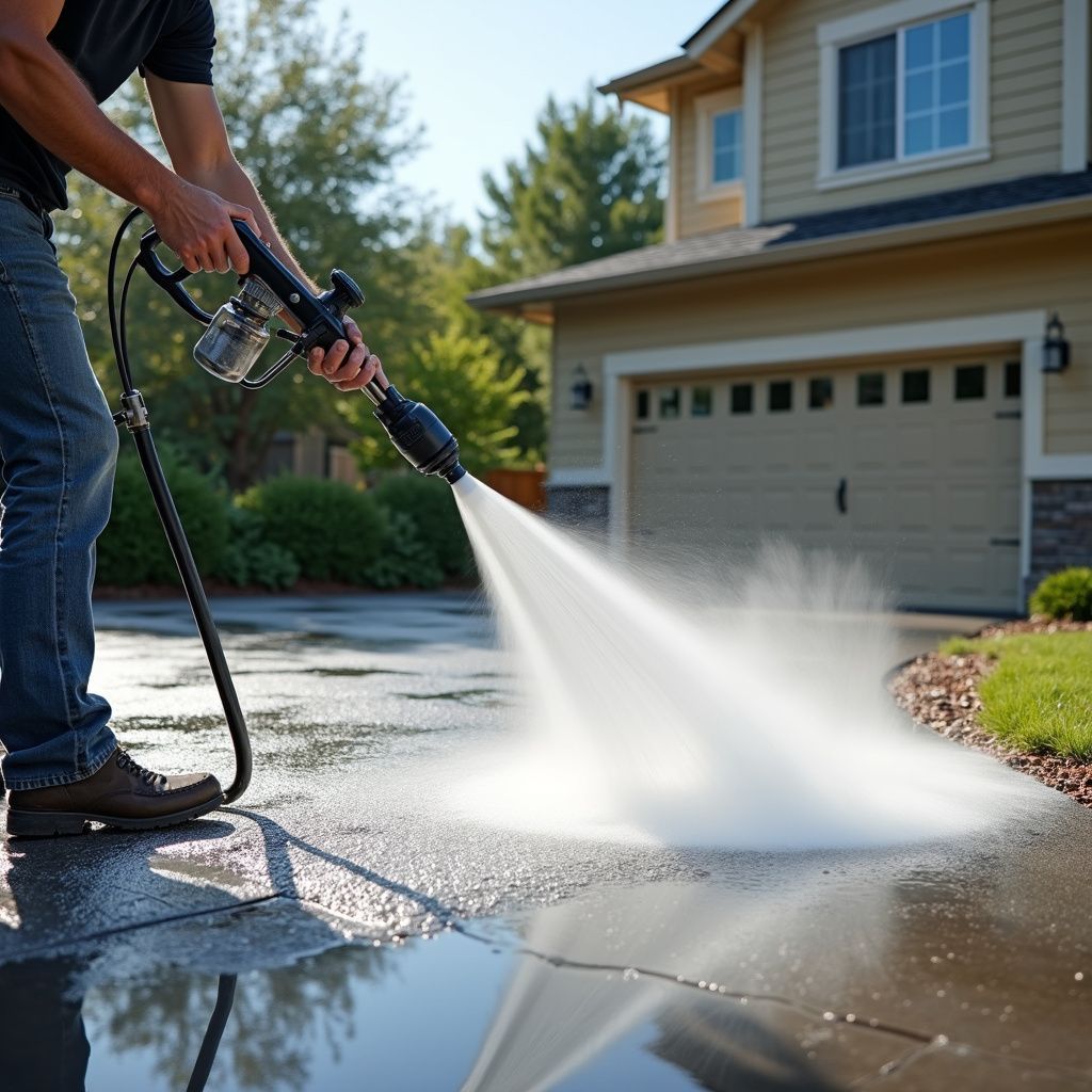 Man pressure washing a driveway near a beige house with a garage door.