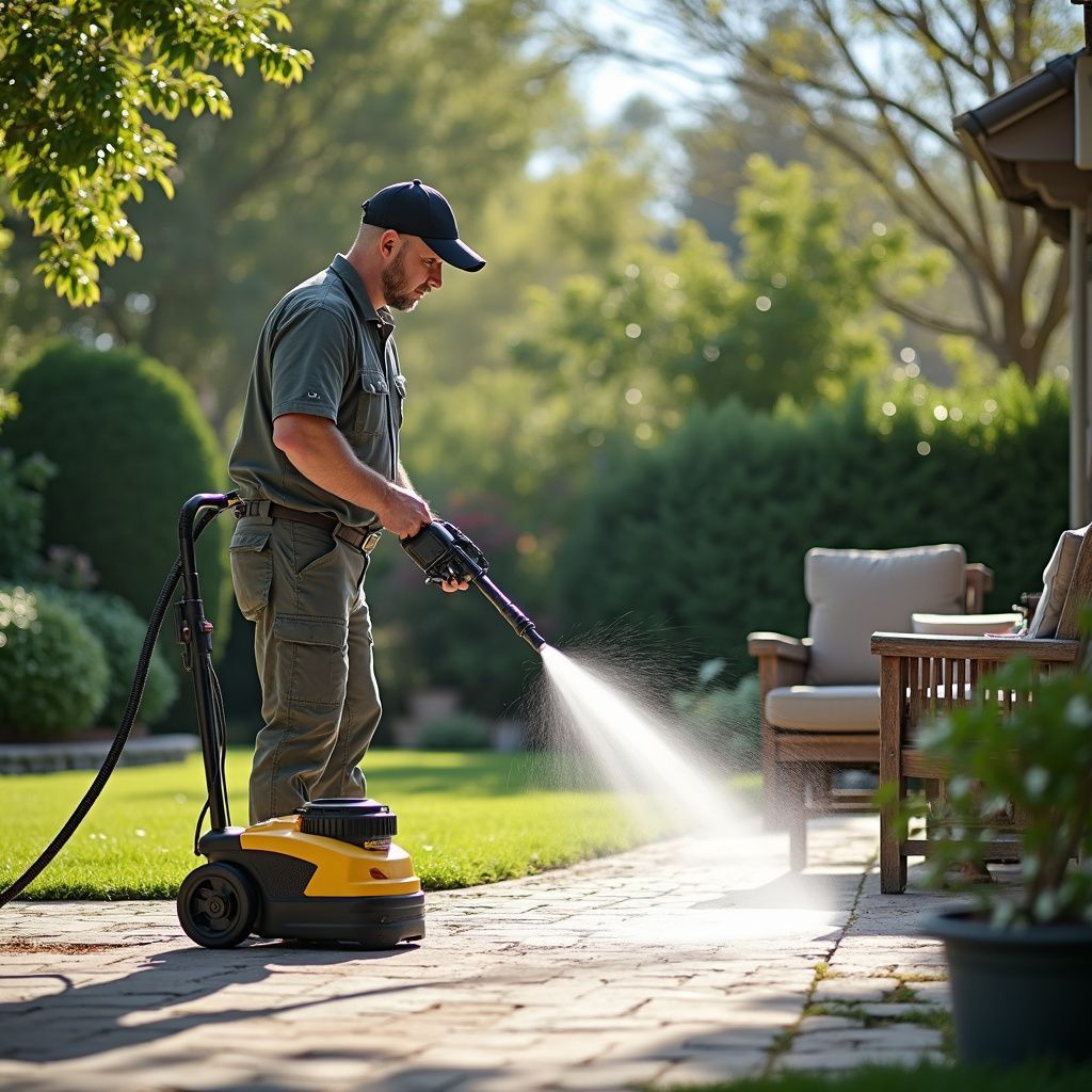 Man pressure washing a patio with a yellow and black machine outdoors.